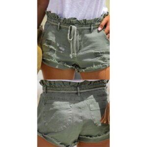 Dance & Marvel Distressed Paperbag Shorts Shoestring Belt Olive Size Large